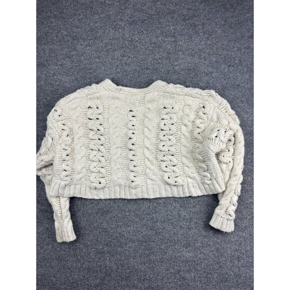 Zara Cardigan Sweater Womens Medium Cream Chunky Cable Knit Cropped Button Front - Picture 7 of 7